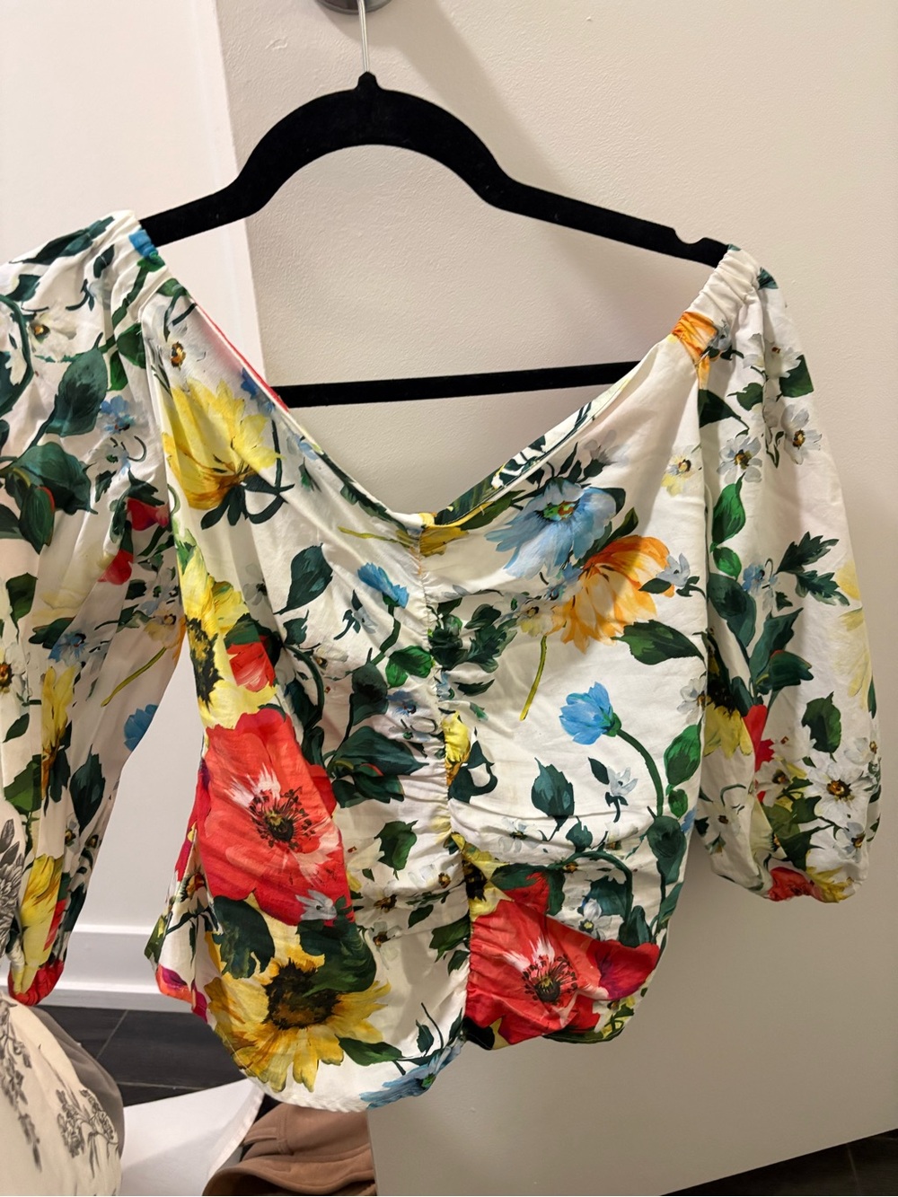 Zara White Floral Off-Shoulder Blouse with Red, Yellow & Blue Blooms